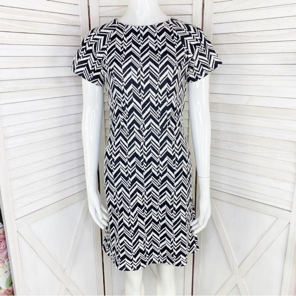 Loft Chevron Stripe Jersey Knit Dress Black White XS Cap Sleeve Fit‎ & Flare